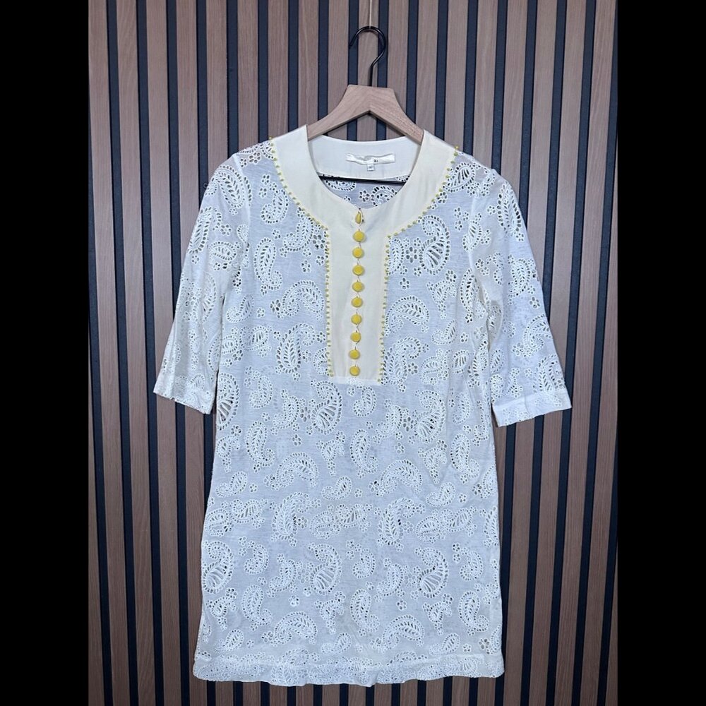 3.1 Phillip Lim Dress Medium White Paisley Eyelet Knit Long Sleeve Yellow Henley